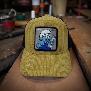 Smurfs "Handy Smurf" Capslab Corduroy Trucker Hat Khaki/Black Mesh Adjustable